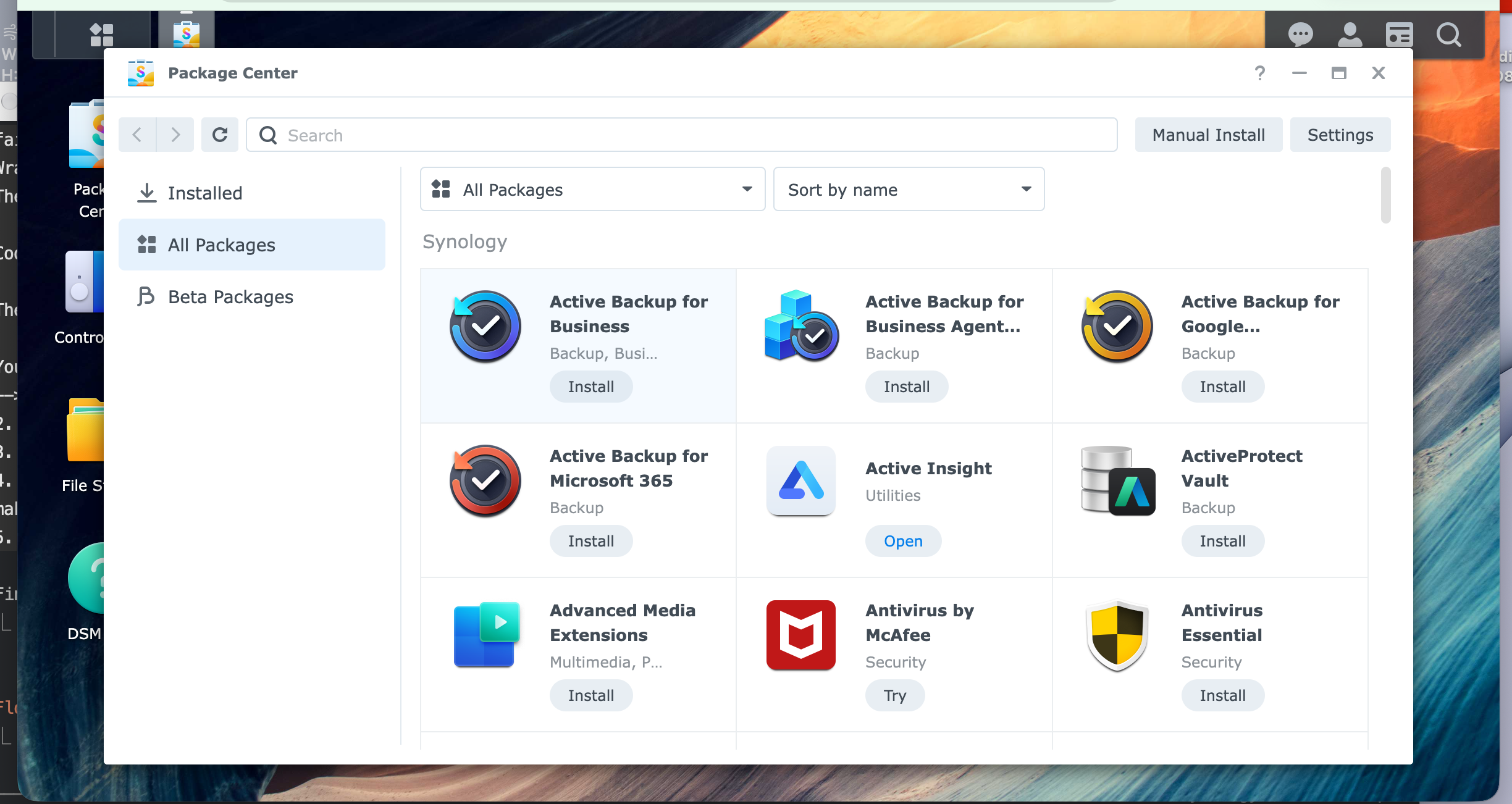 Synology Package Center with the Manual Install button at the top right